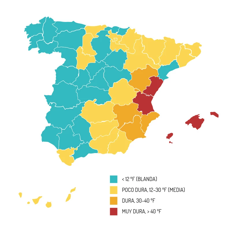 Mapa de España de zonas con agua dura.